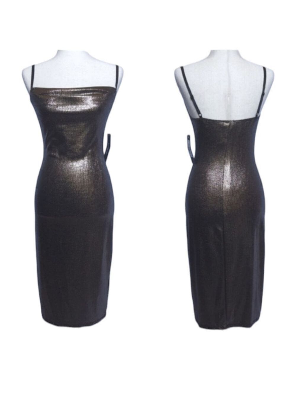 Bebe Metallic Black Slip Dress Size S Midi Adjustable Spaghetti Straps